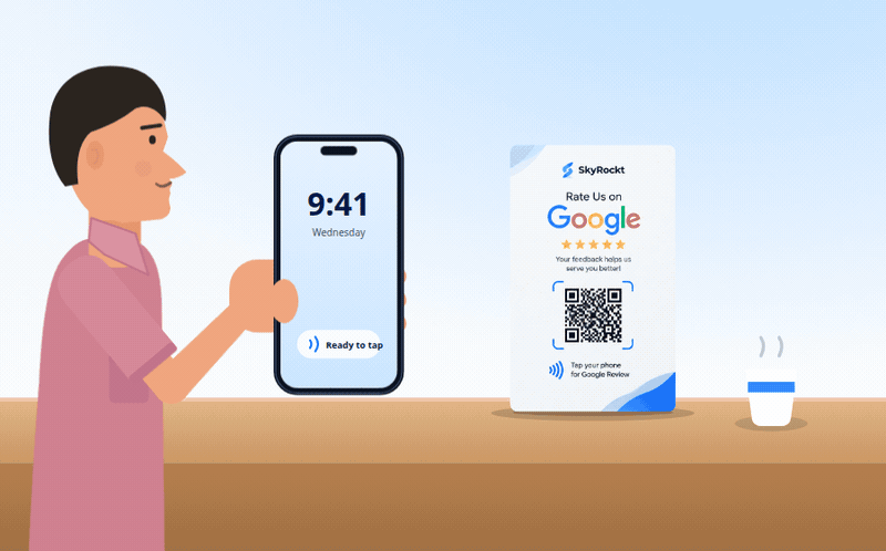 Customer tapping phone on SkyRockt smart counter stand for instant 5-star Google review